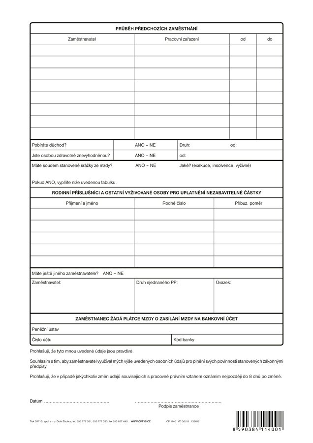 Optys Osobní dotazník A4