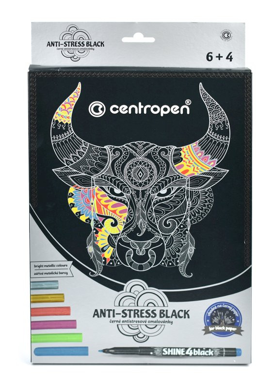 Černé antistresové omalovánky Centropen 9390, 4 kusy + 6 metalických popiso