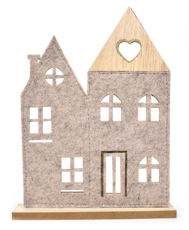 Dekorace domek, filc a dřevo, béžový, 24 cm