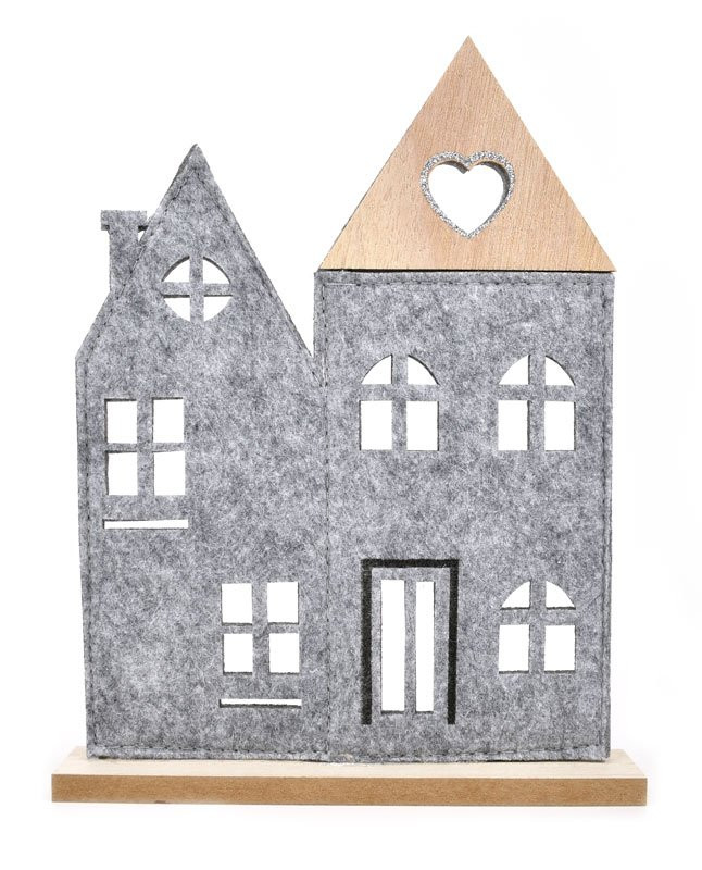 Dekorace domek, filc a dřevo, šedý, 24 cm