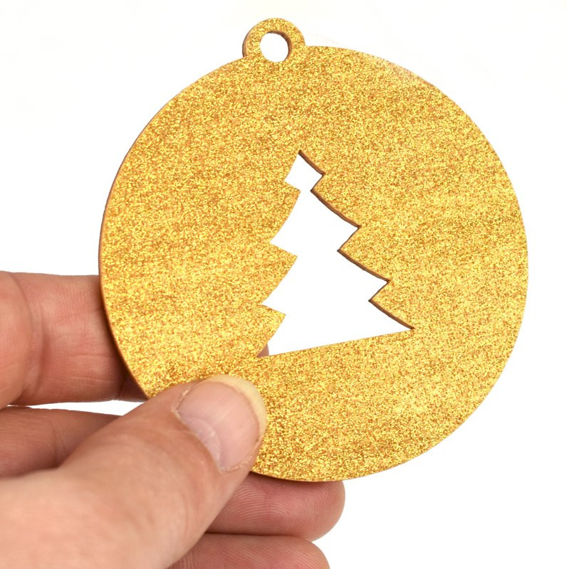 Dřevěná vánoční baňka, stromek, zlatý glitr - 1