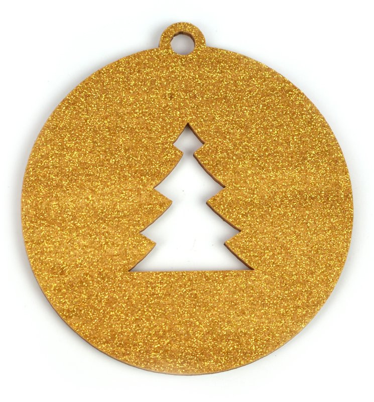Dřevěná vánoční baňka, stromek, zlatý glitr