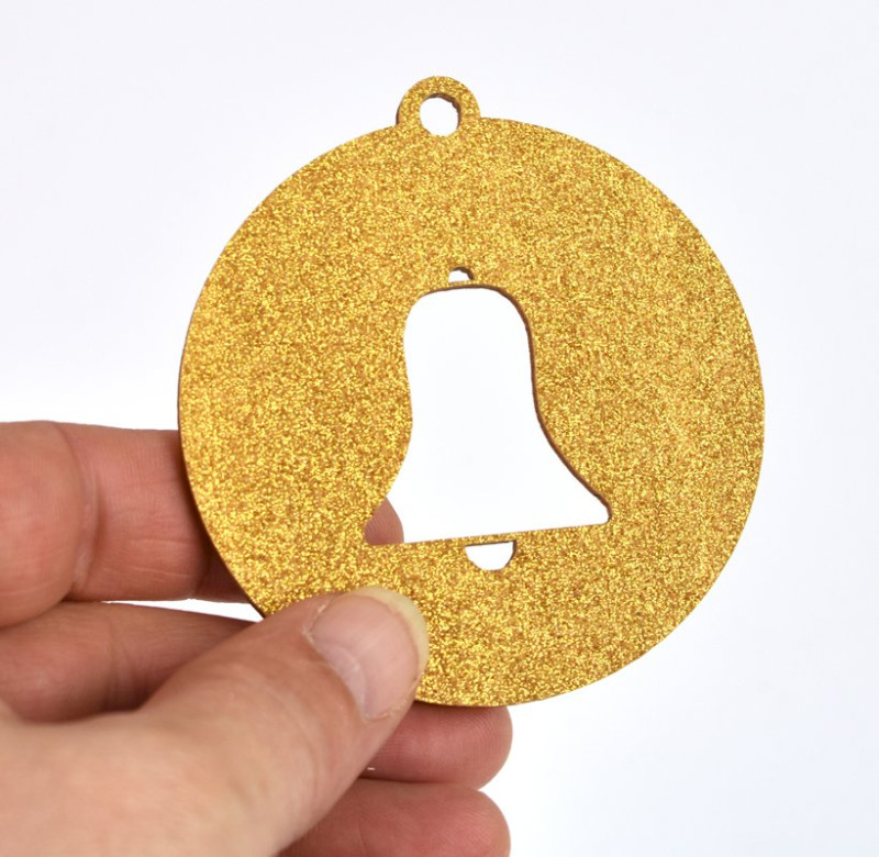 Dřevěná vánoční baňka zvonek, zlatý glitr - 1