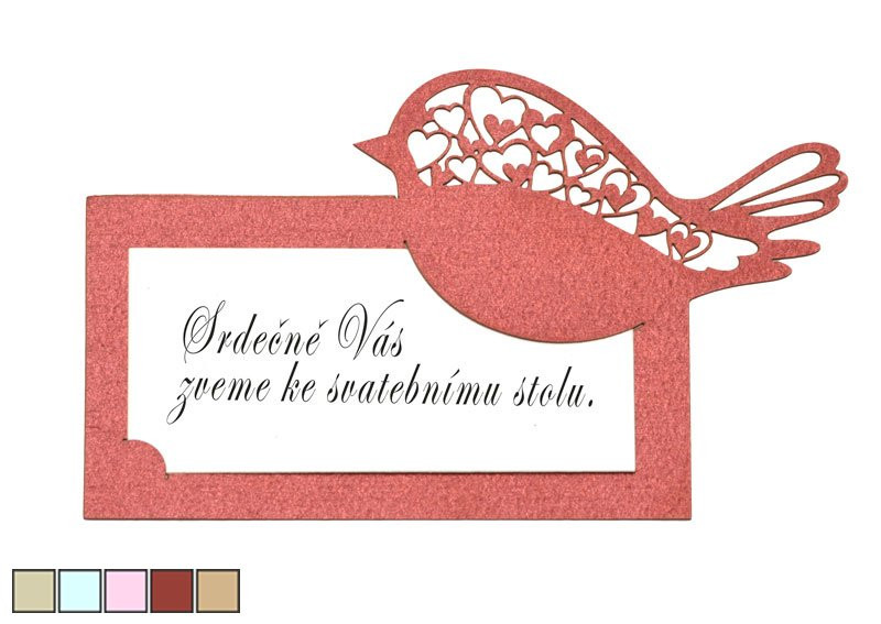 Pozvánka ke svatebnímu stolu, Ptáček, perleťová vínová, 9 x 5 cm