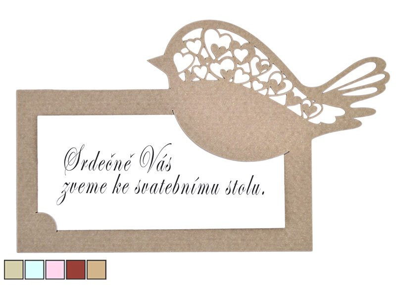 Pozvánka ke svatebnímu stolu, Ptáček, perleťová zlatohnědá, 9 x 5 cm