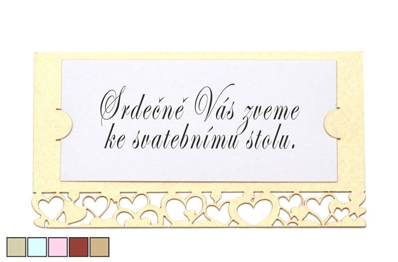 Pozvánka ke svatebnímu stolu, Srdce, perleťová krémová, 9 x 5 cm