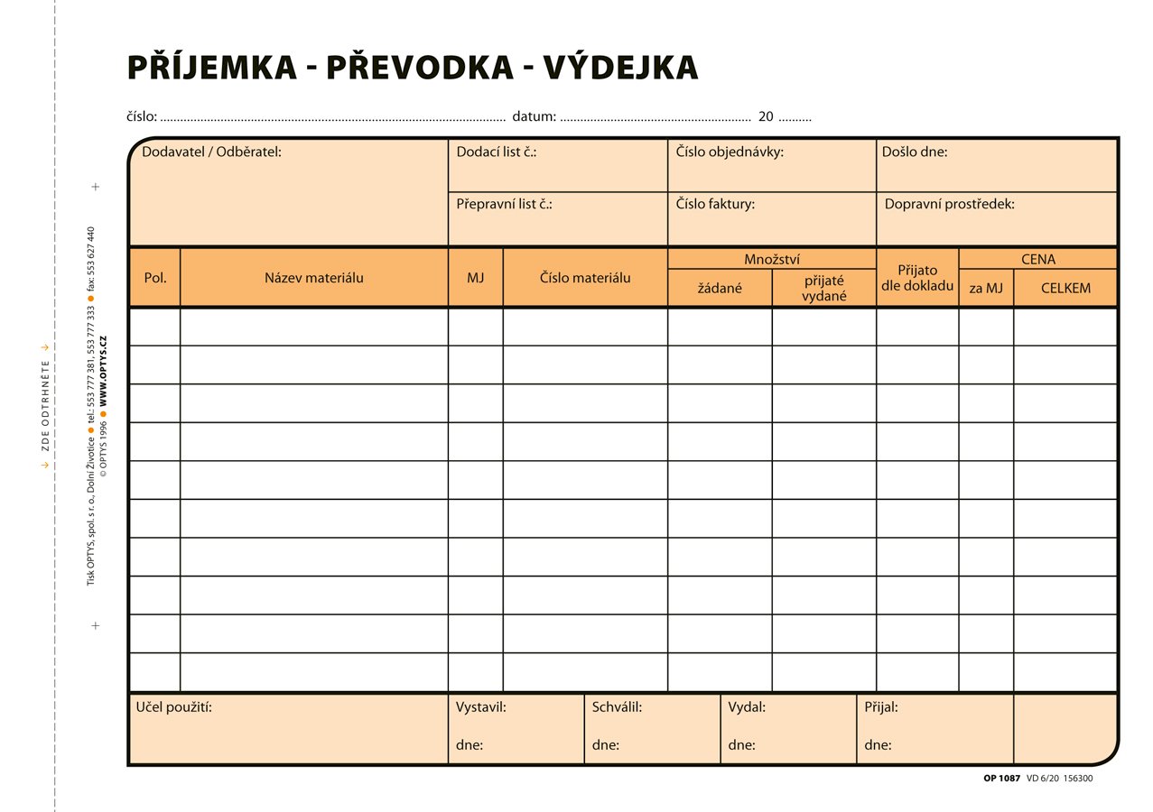 Optys Samopropisovací příjemka, převodka, výdejka A5, 100 listů
