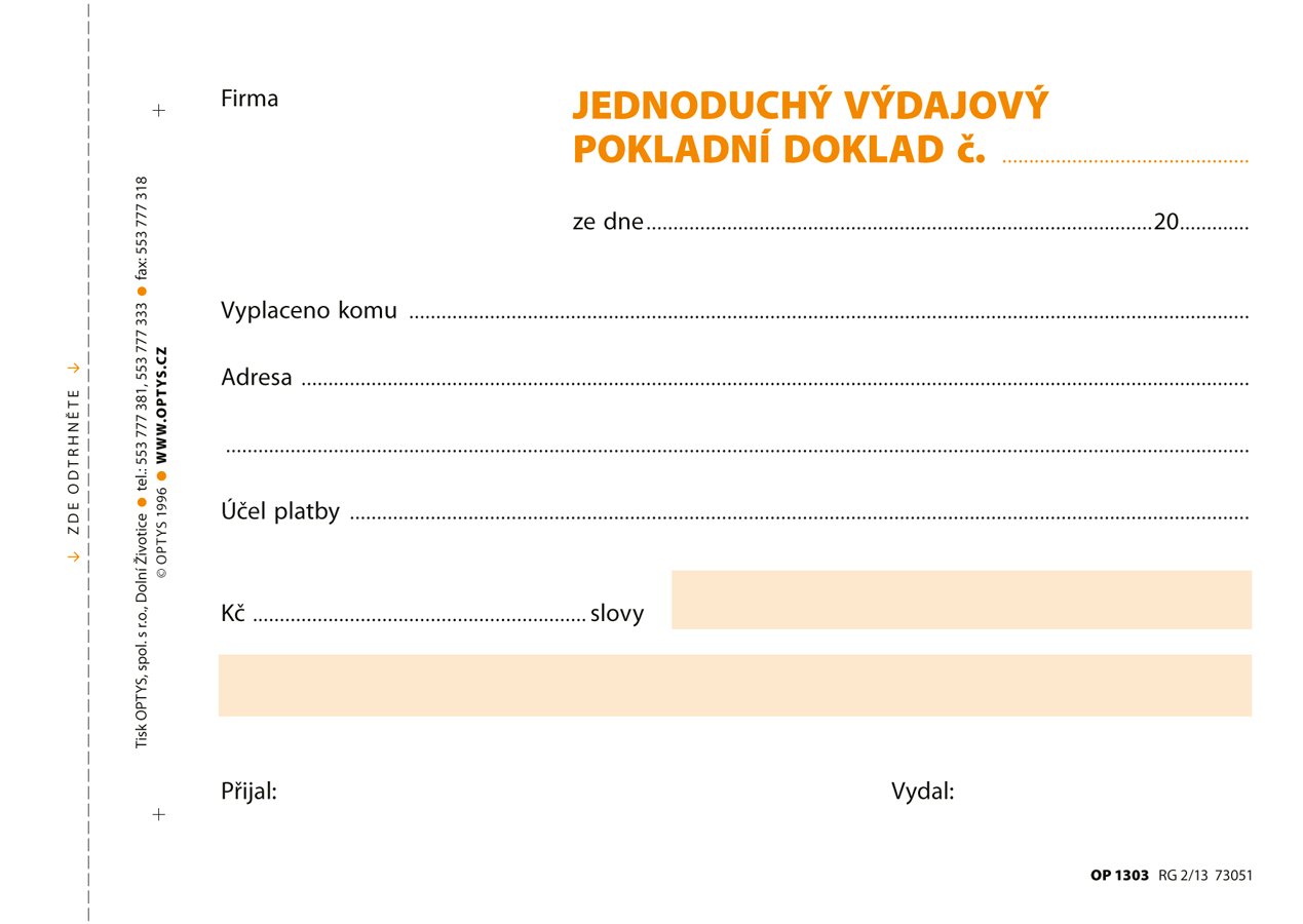 Optys Výdajový doklad A6, jednoduchý, samopropisovací, 100 listů