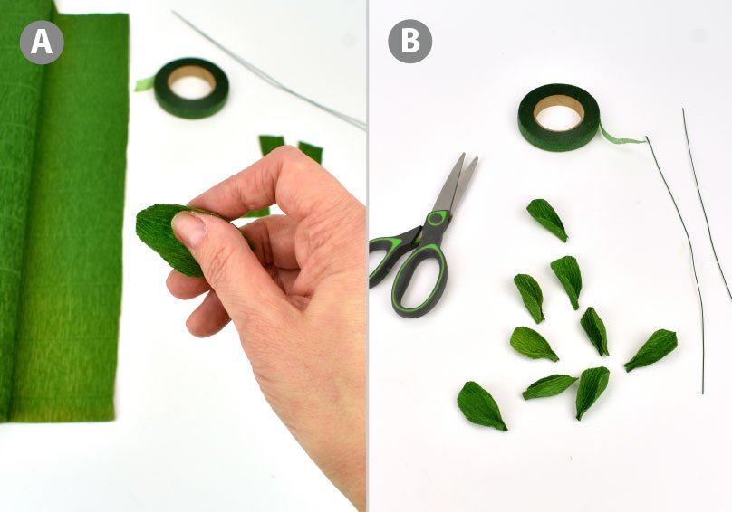 Tvarování lístků ze zeleného krepového papíru