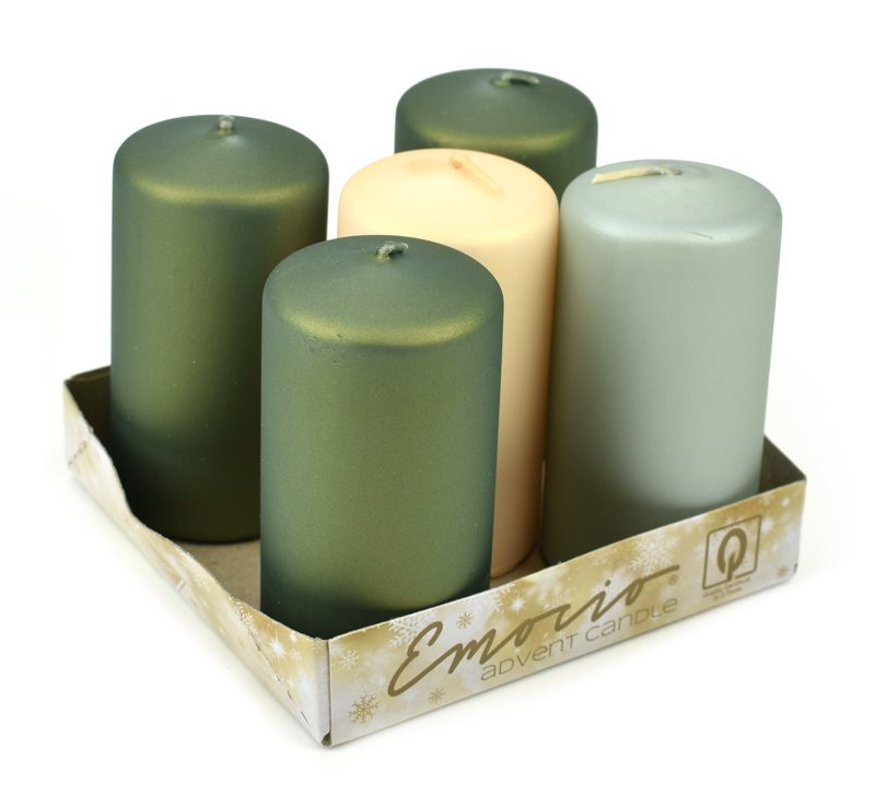 Adventní svíčky Emocio, zelené metal mat, 4 x 7,5 cm, 4+1 ks - 0