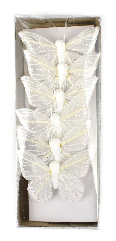 Zápich Motýl, bílý, 6 cm, sada 6 ks