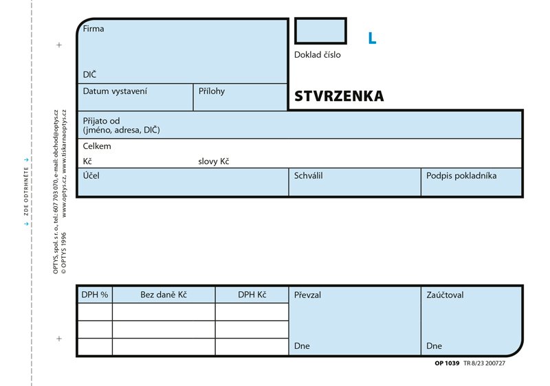 Optys Příjmový doklad A6, číslovaný, 2 x 50 listů