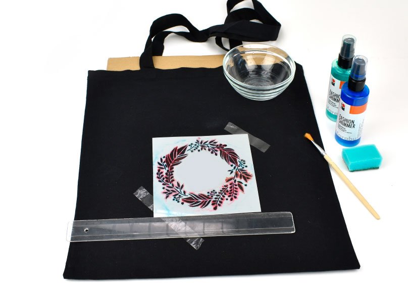 Plátěná taška, plastová šablona, barvy na textil ve spreji