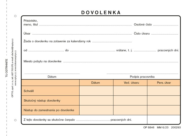 Optys Dovolenka A6, samoprepis, 100 listov, Slovensko