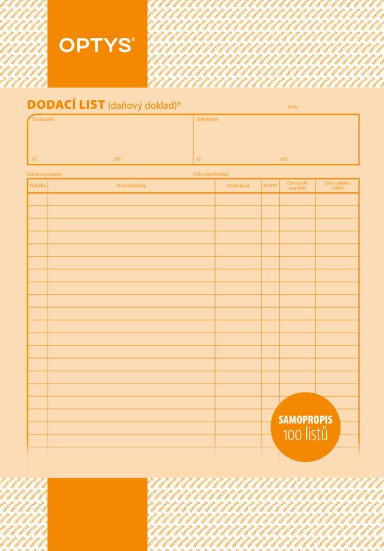 Optys Dodací list A4, samopropisovací, 100 listů
