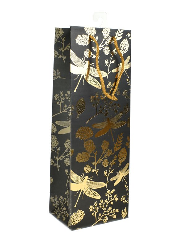 Taška na láhev papírová, černá, zlaté vážky, 12,5 x 35 x 9 cm