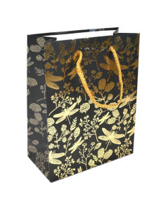 Taška dárková papírová, černá, zlaté vážky, 18 x 23 x 9 cm