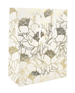 Taška dárková papírová, bílá, zlaté květy, 18 x 23 x 9 cm