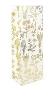 Taška na láhev papírová, bílá, zlaté luční kvítí, 12,5 x 35 x 9 cm
