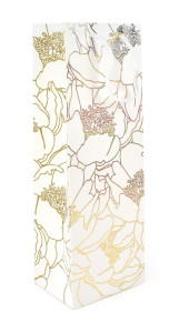 Taška na láhev papírová, bílá, zlaté květy, 12,5 x 35 x 9 cm