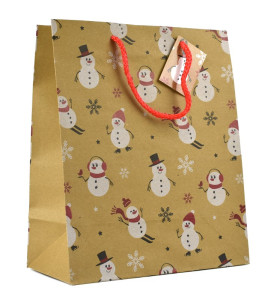 Taška vánoční papírová kraft, sněhulák, 26 x 31,5 x 13,8 cm