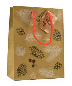 Taška vánoční papírová kraft, šišky a větvičky, 19 x 25 x 9 cm