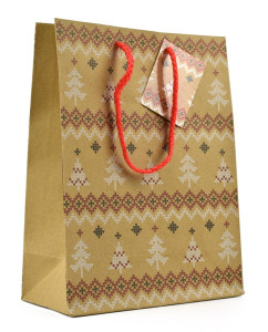 Taška vánoční papírová kraft, stromečky, 19 x 25 x 9 cm