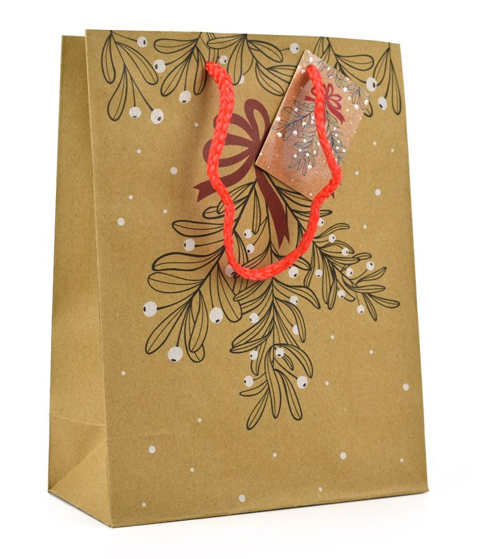 Taška vánoční papírová kraft, jmelí, 19 x 25 x 9 cm